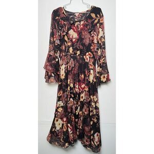 Reba Womens XL Floral Chiffon Midi Dress Black Burgundy Tiered Bell Sleeve